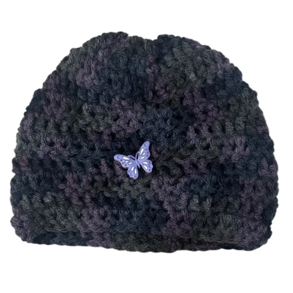 Girl’s Handmade Crochet Beanies Textured Sweater Knit Butterfly Metallic Purple